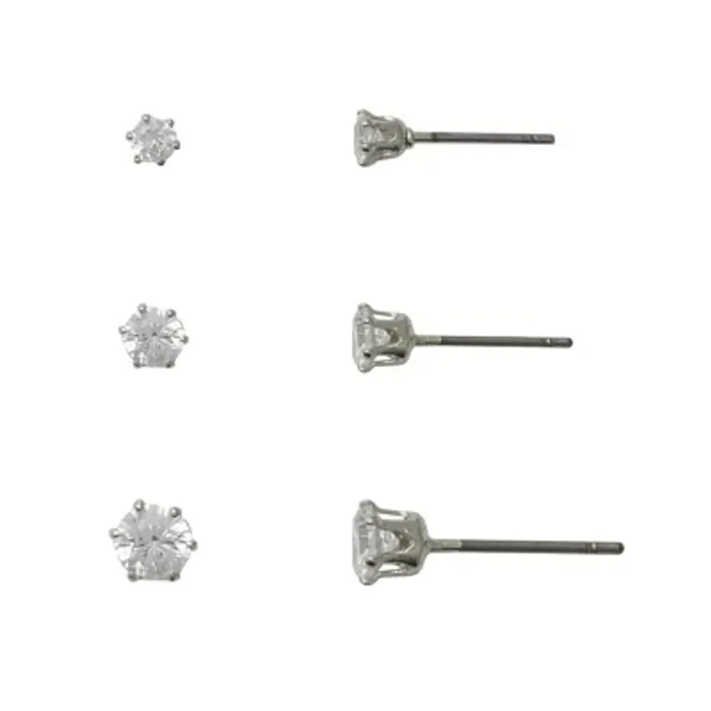 Mixit Hypoallergenic Silver Tone Stud 3 Pair Cubic Zirconia