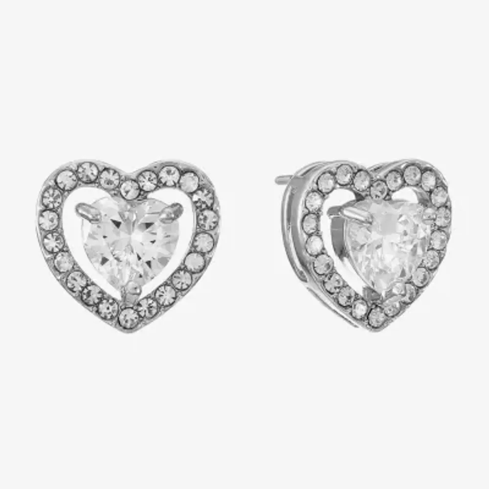 Monet Jewelry Silver Tone Button Cubic Zirconia 12.7mm Heart Stud