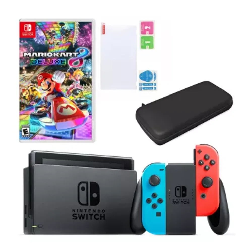 Nintendo switch in neon with store mario kart game and accessories