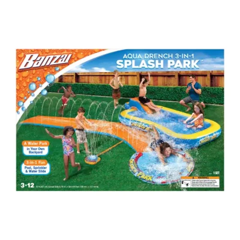 Banzai Aqua Drench 3-In-1 Splash Park W/ Pool Sprinkler Waterslide
