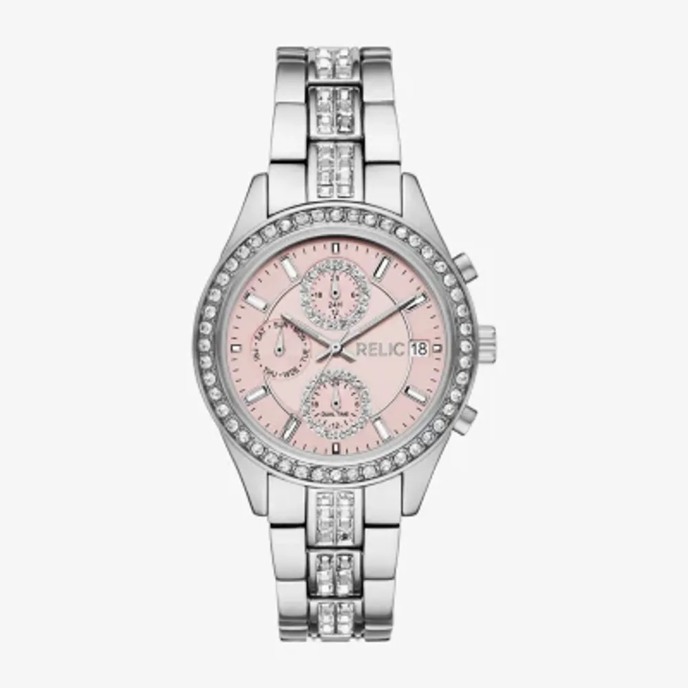 Relic By Fossil Womens Multi Function Crystal Accent Silver Tone Bracelet Watch Zr15992