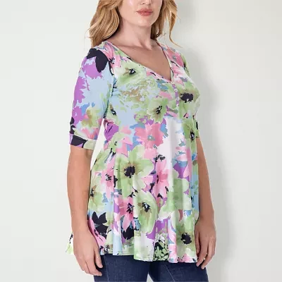 売れ筋商品|||２４セブンコンフォート カットソー トップス レディース Women's Multicolor Floral Print Elbow Sleeve V-Neck Henley Tunic Top Blue Multi 24seven Comfort Apparel Multicolor Floral Print Elbow Sleeve
