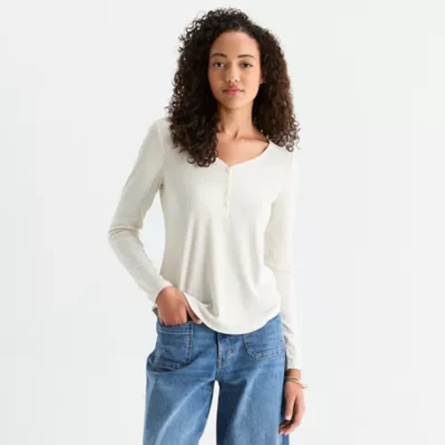 A.n.a Womens Henley Neck Long Sleeve T-Shirt | MainPlace Mall