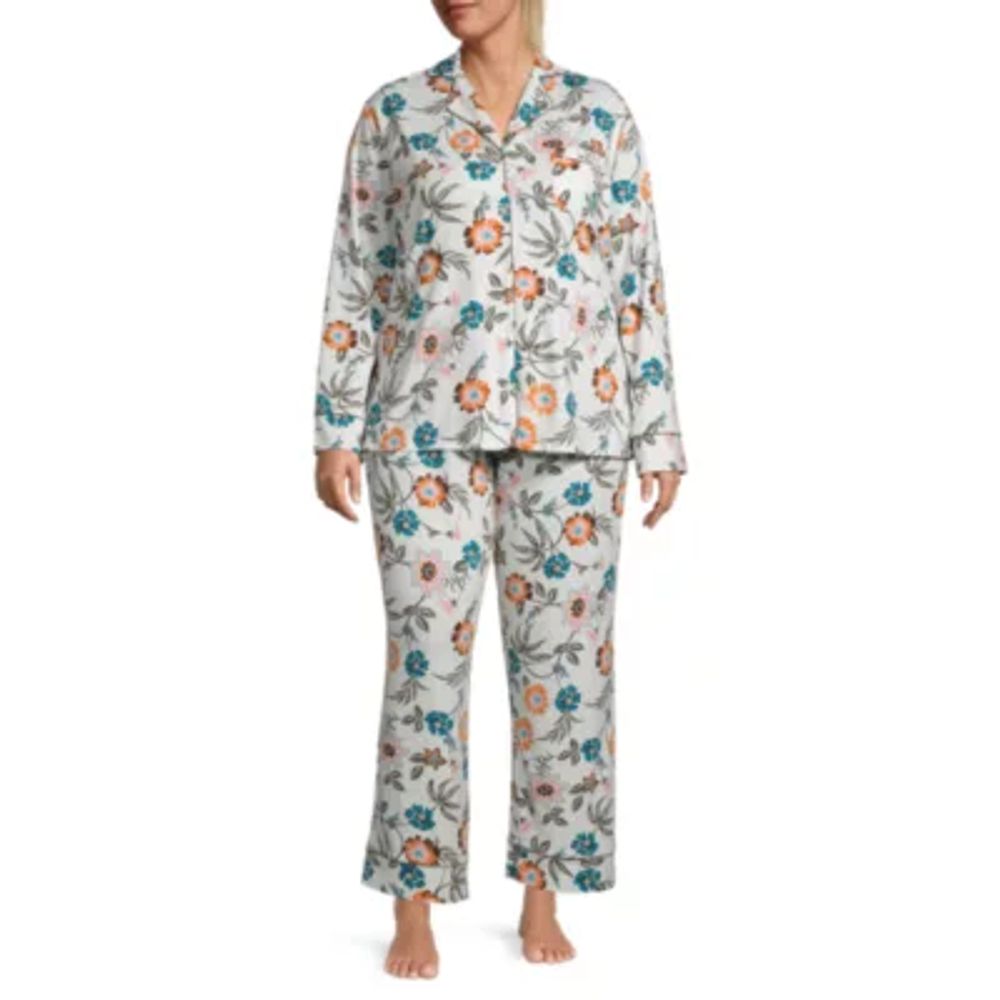 Liz Claiborne Womens Plus V Neck Long Sleeve 2 pc. Pant Pajama Set