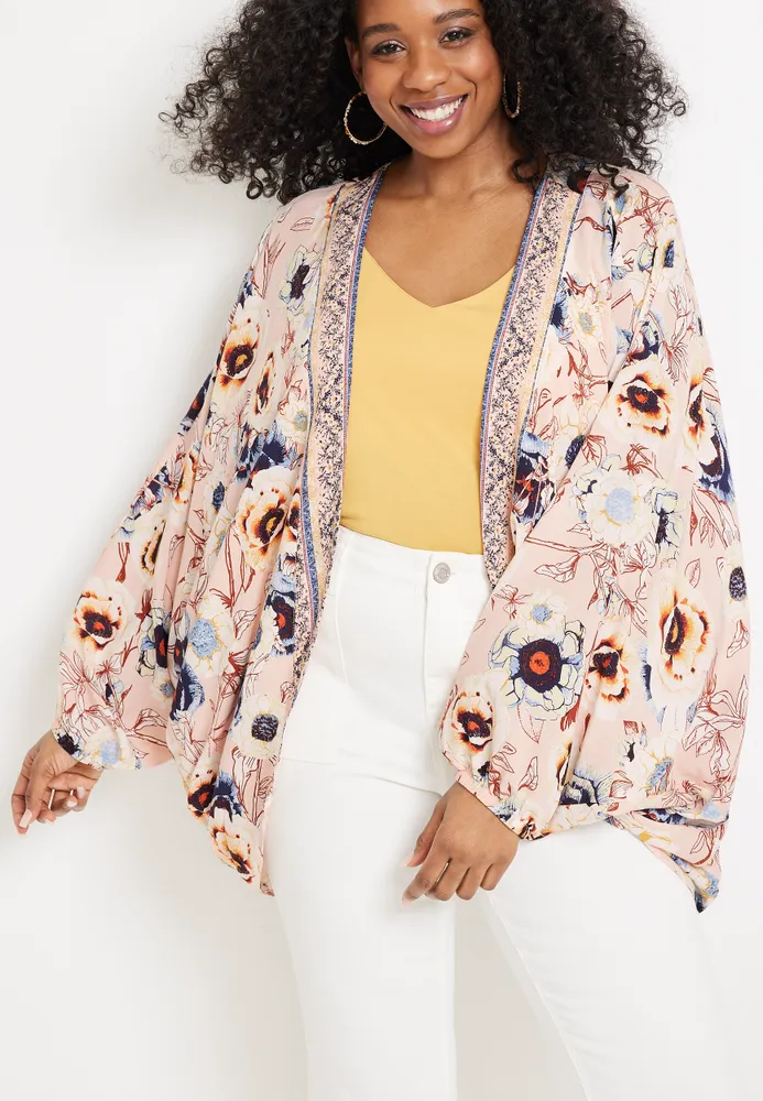 Maurices Plus Pink Floral Peasant Sleeve Kimono Hamilton Place