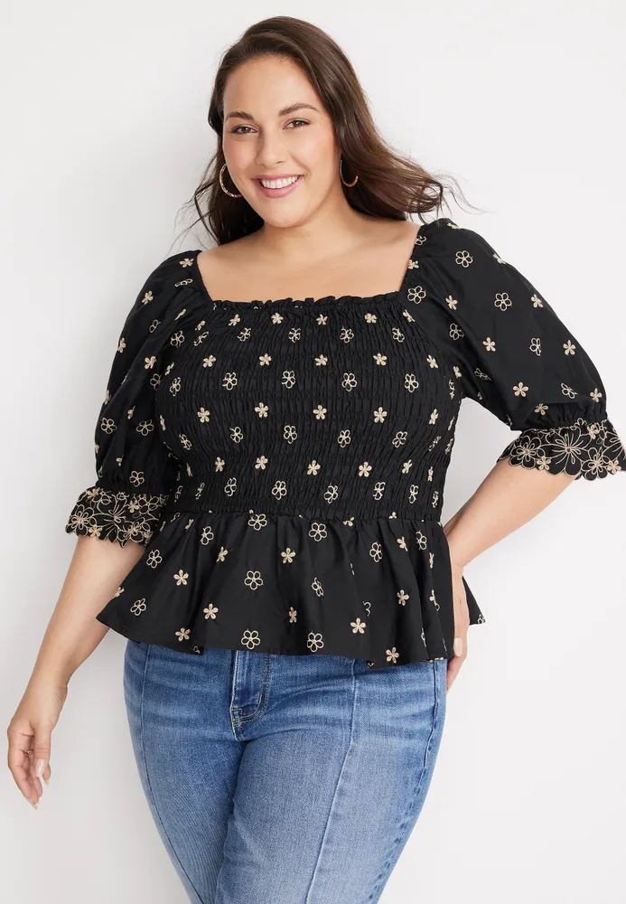 Maurices Edgely™ Plus Black Embroidered Floral Smocked Peplum Top