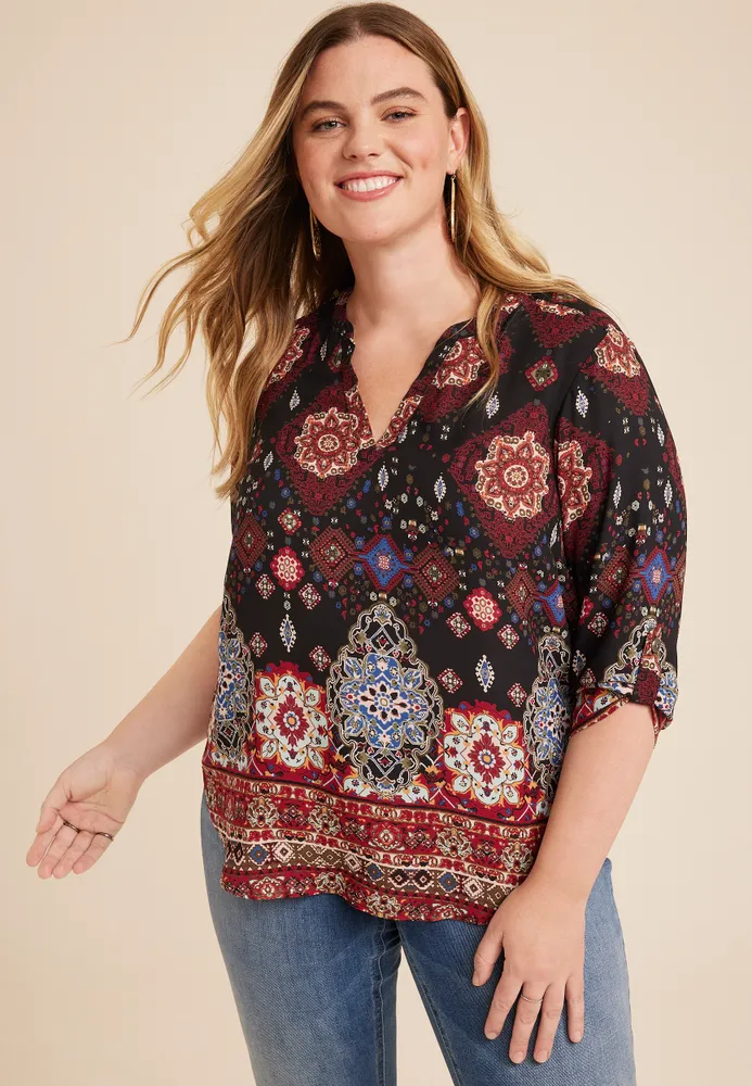 Maurices Plus Atwood Floral 3/4 Sleeve Popover Blouse | Mall of America®