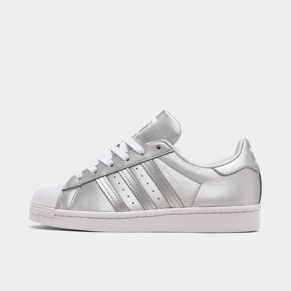 Womens adidas white & silver superstar metallic sales trainers