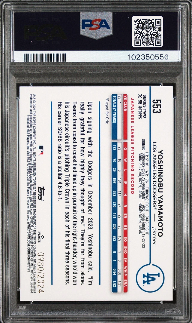 GameStop 2024 Topps 553 Yoshinobu Yamamoto Gold PSA 9 | MainPlace Mall