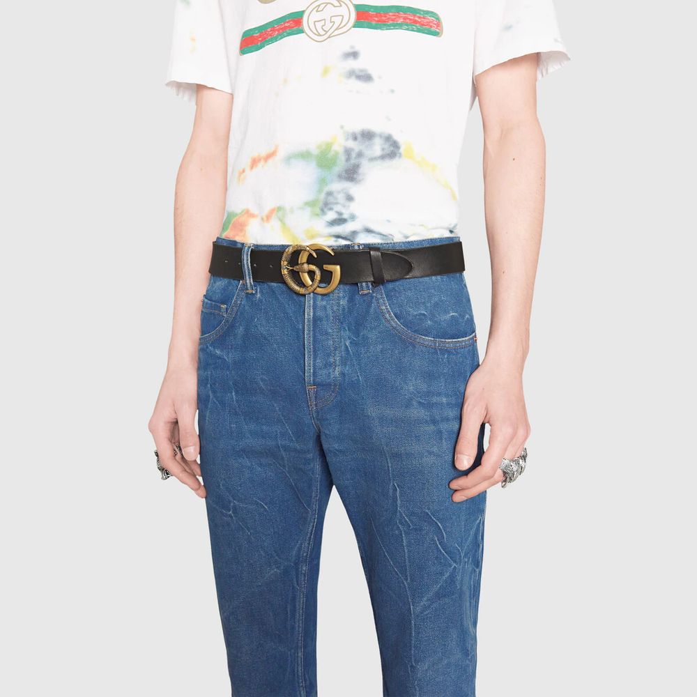 Leather belt with double sale g buckle with snake