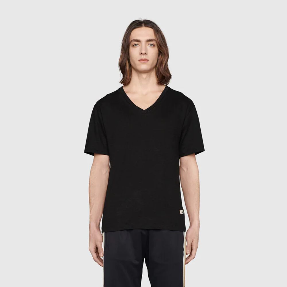 Gucci Linen V neck T shirt with Double G Square One