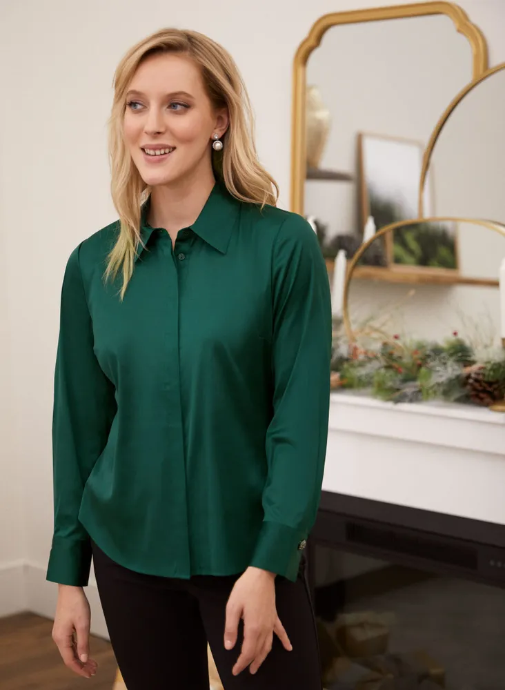 Laura Petites Satin Button-Up Blouse | Square One