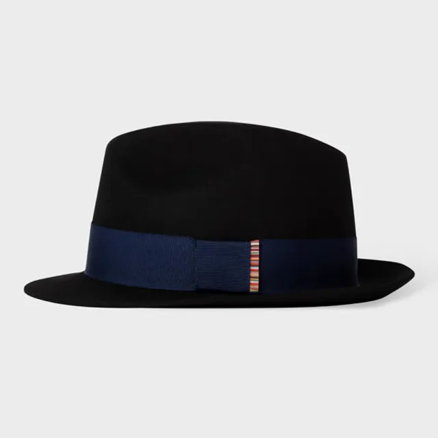 Paul Smith Black Wool Felt Fedora Hat With Signature Stripe Trim
