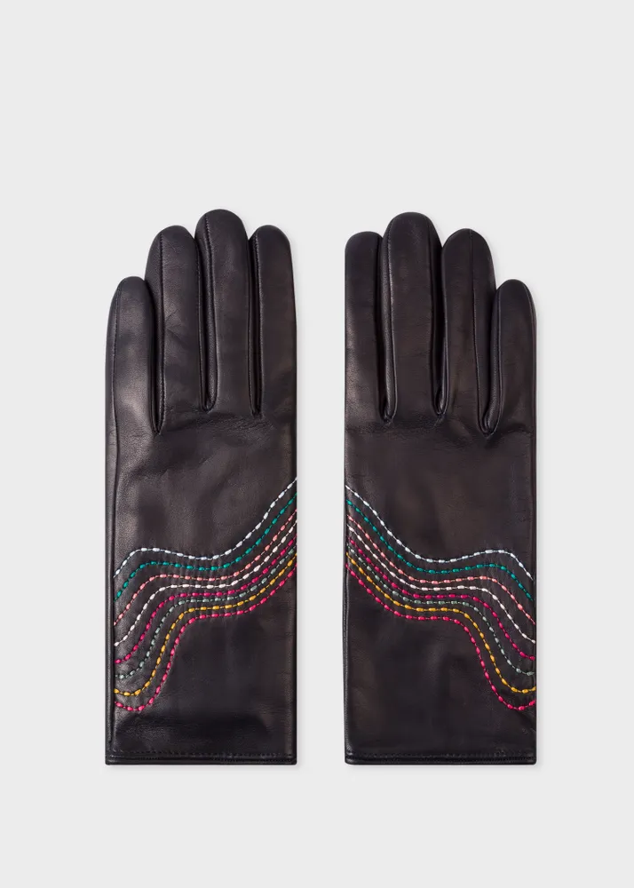Paul Smith Women s Navy Leather Gloves With Swirl Stitching