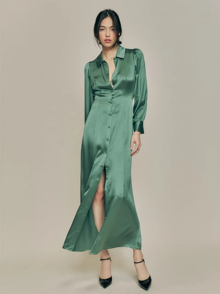 Reformation green silk dress new arrivals
