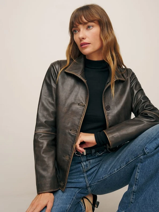 Veda black leather jacket clearance