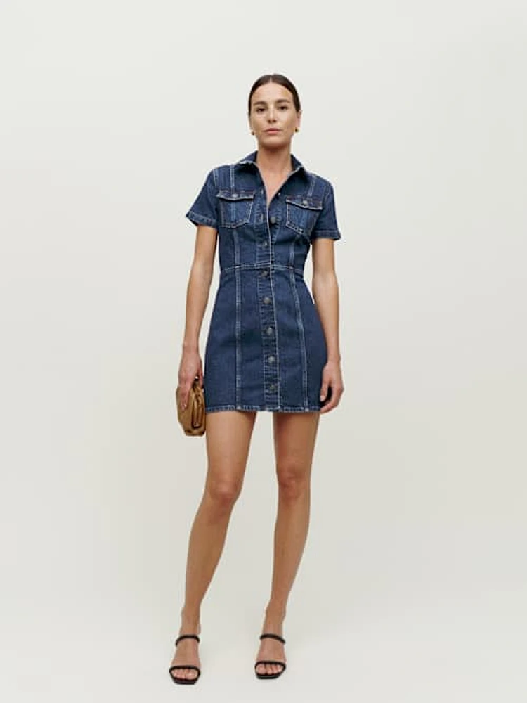 Roem[ロエム] Denim Short Sleeve Mini Dress Skylar Short Sleeve Denim Mini Dress in medium wash | Ramy Brook