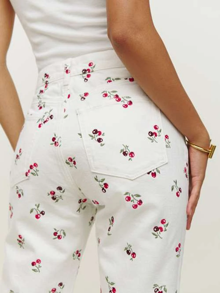 Reformation Cherries Embroidered High Rise Straight Jeans
