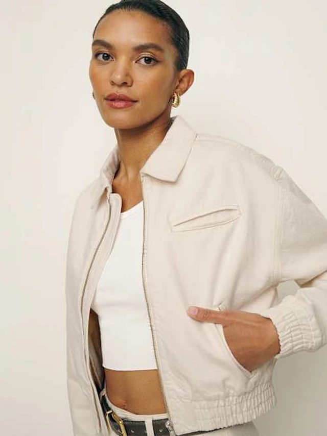 Reformation Mette Lived-in Denim Bomber Jacket | Bethesda Row