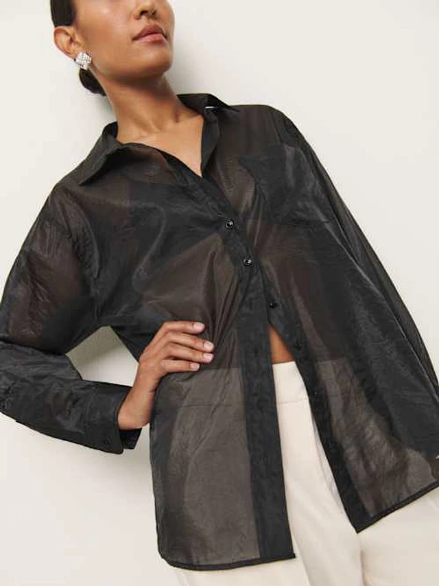 EsEiCo Womens Long Sleeve Sheer Button Front Slit Side