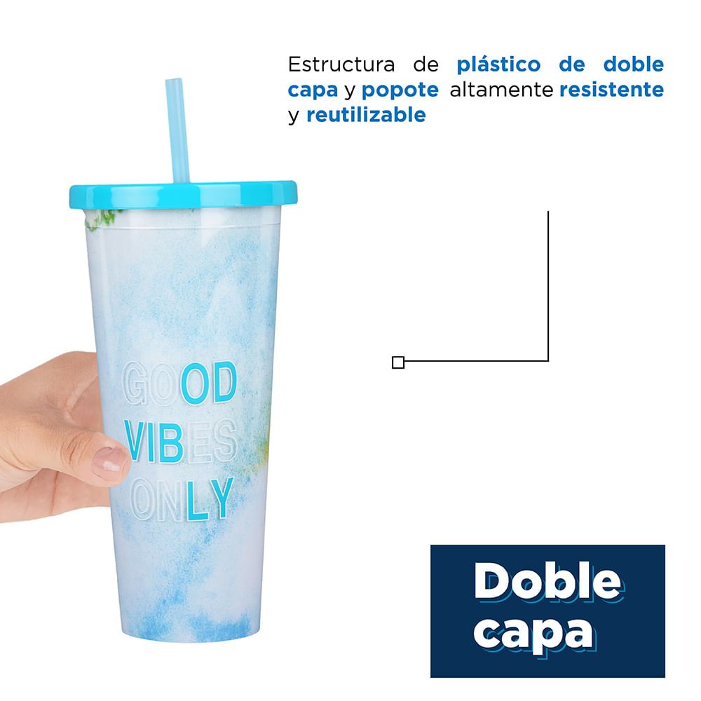 Miniso Vaso Con Tapa Y Popote Doble Capa Plástico Azul Ml Paseo Interlomas Mall