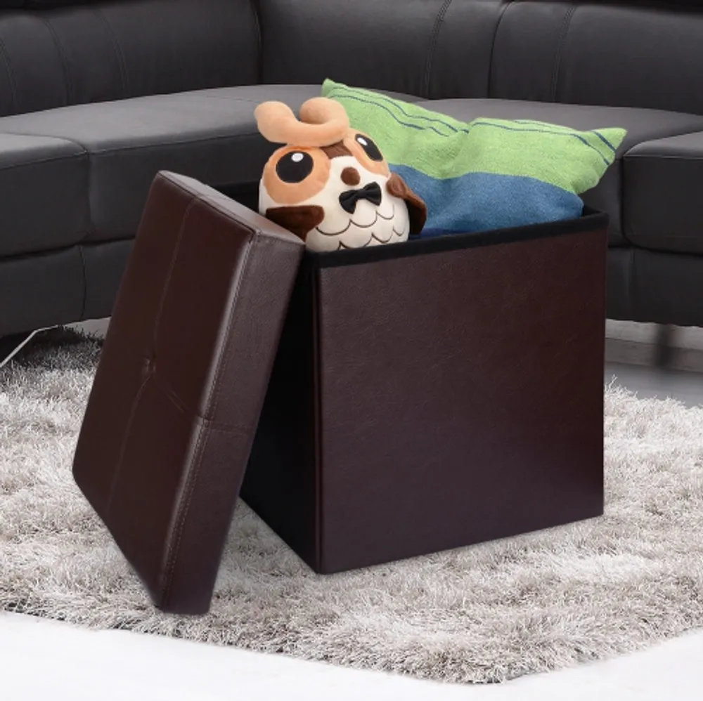 SORTWISE 15 Inch Folding Storage Ottoman Faux Leather Coffee