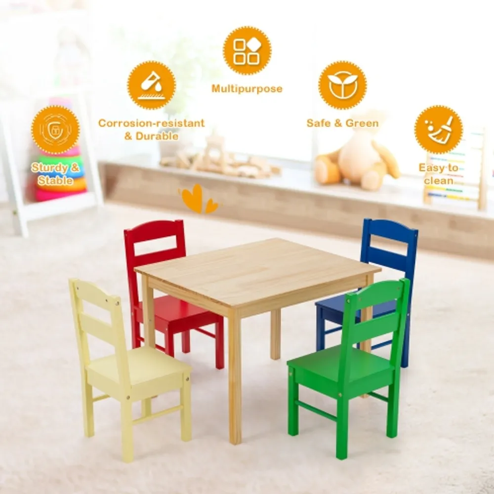 COSTWAY Kids 5 Piece Table Chair Set Pine Wood Multicolor Children