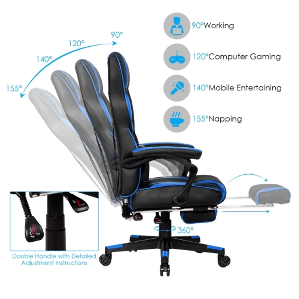 Gymax Massage Gaming Chair Recliner Racing Chair w Retractable