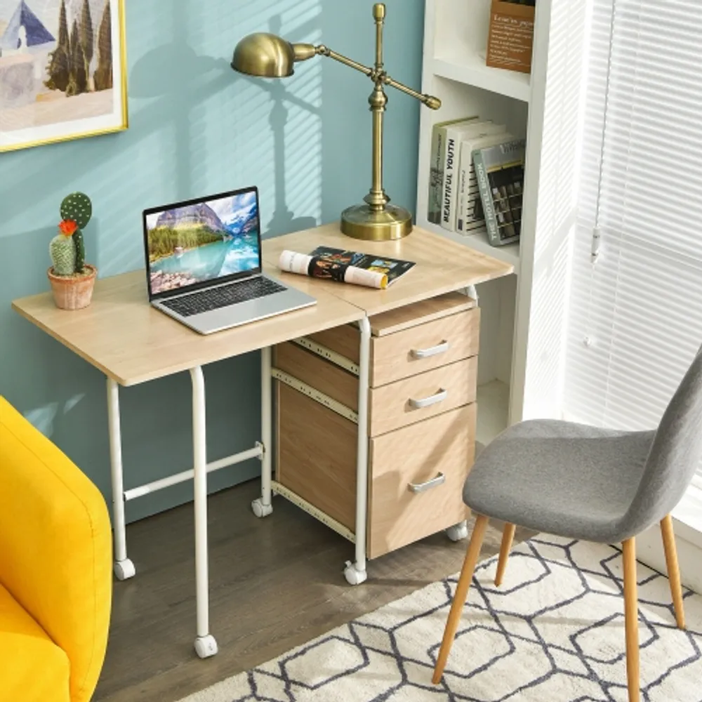 Gymax folding computer laptop desk wheeled on sale home office furniture with 3 drawers