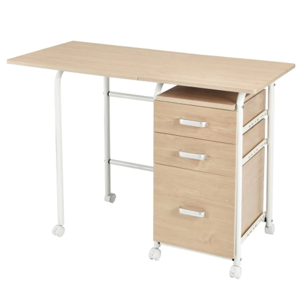 Gymax folding computer laptop desk wheeled clearance home office furniture with 3 drawers