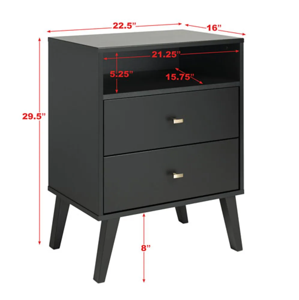 PREPAC Milo Mid Century Modern 2 Drawer Nightstand Scarborough