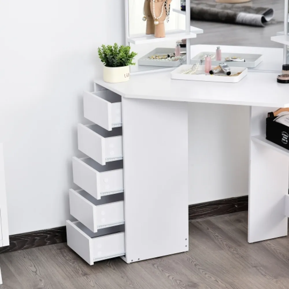 HOMCOM Corner Vanity Table Makeup Desk with Tri Fold Mirror and 5