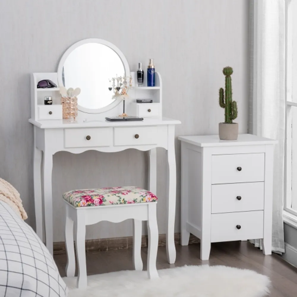 Costway Makeup Vanity Table Set W Drawers Oval Mirror Girls