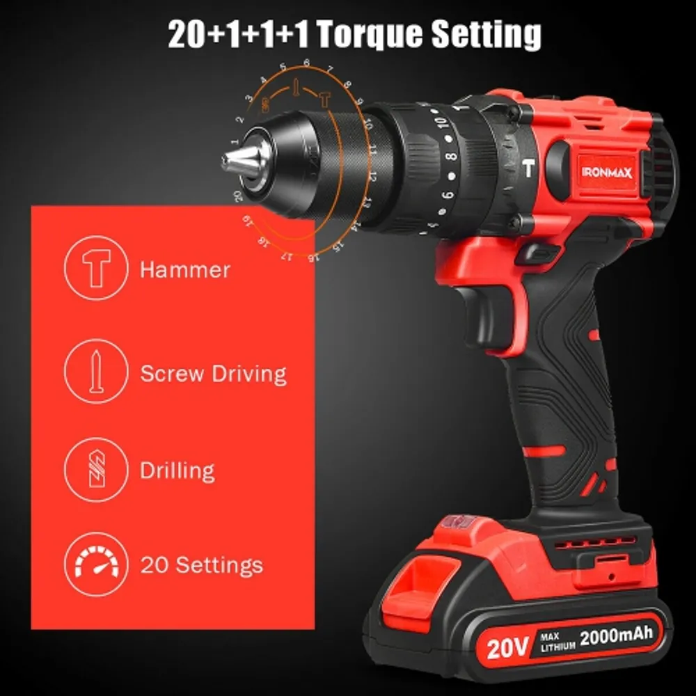 Costway 20V Cordless Brushless Hammer Drill Kit w 2 Ah Battery