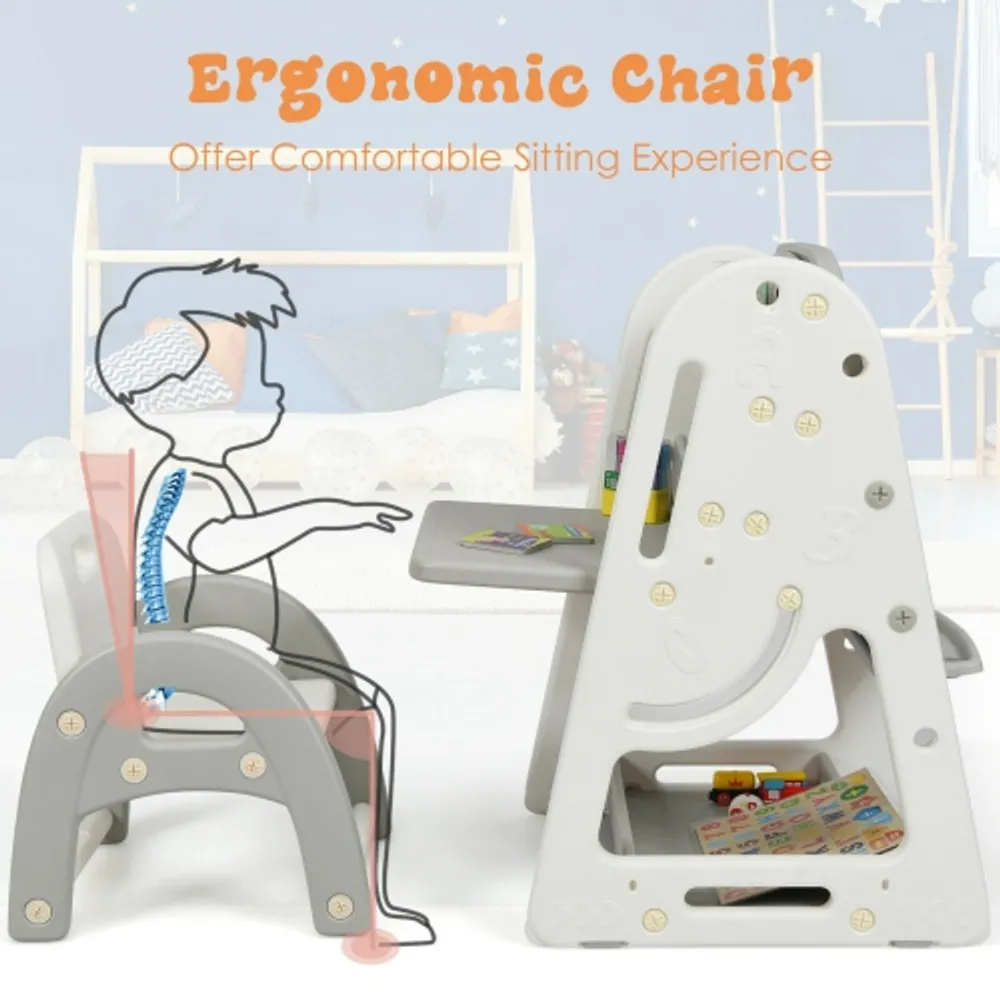 Gymax height adjustable children's desk 2025 chair set multifunctional study drawing gray