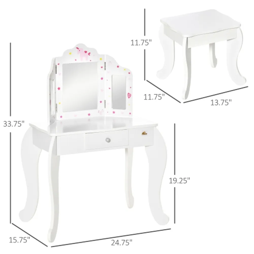Qaba Kids Vanity Table and Stool Makeup Vanity Girls Dressing