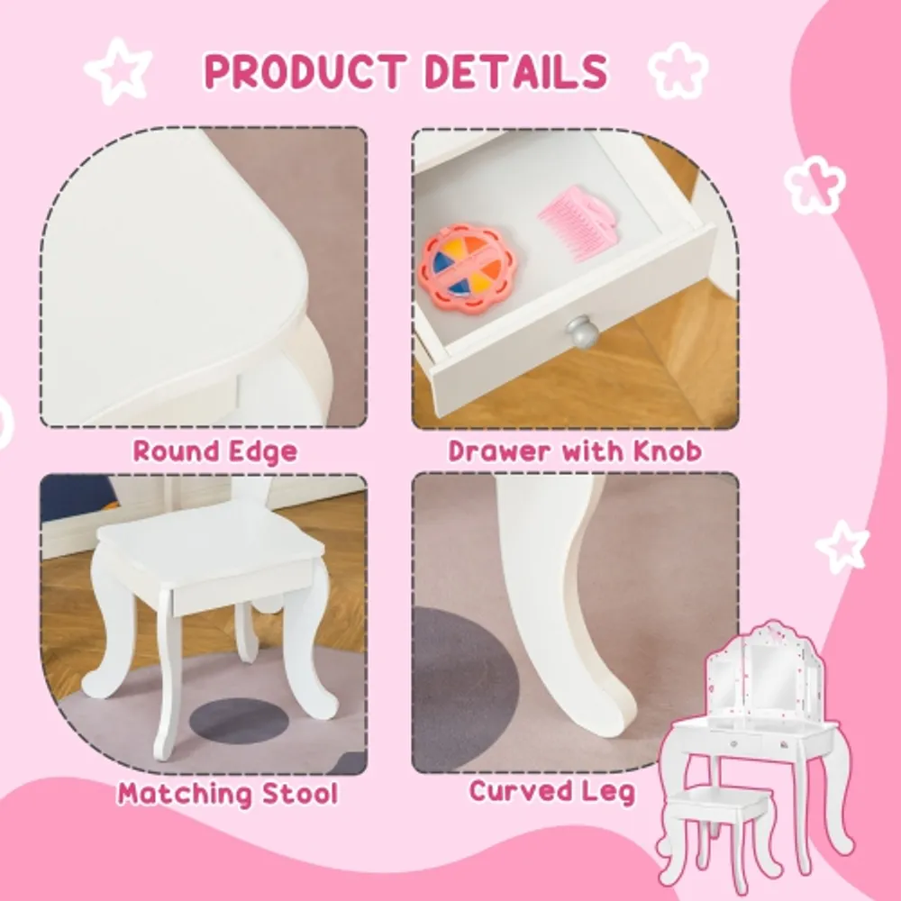 Qaba Kids Vanity Table and Stool Makeup Vanity Girls Dressing