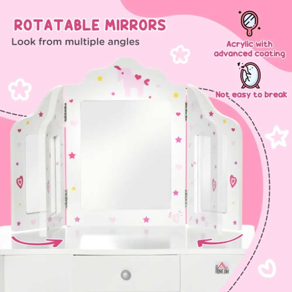 Qaba Kids Vanity Table and Stool Makeup Vanity Girls Dressing
