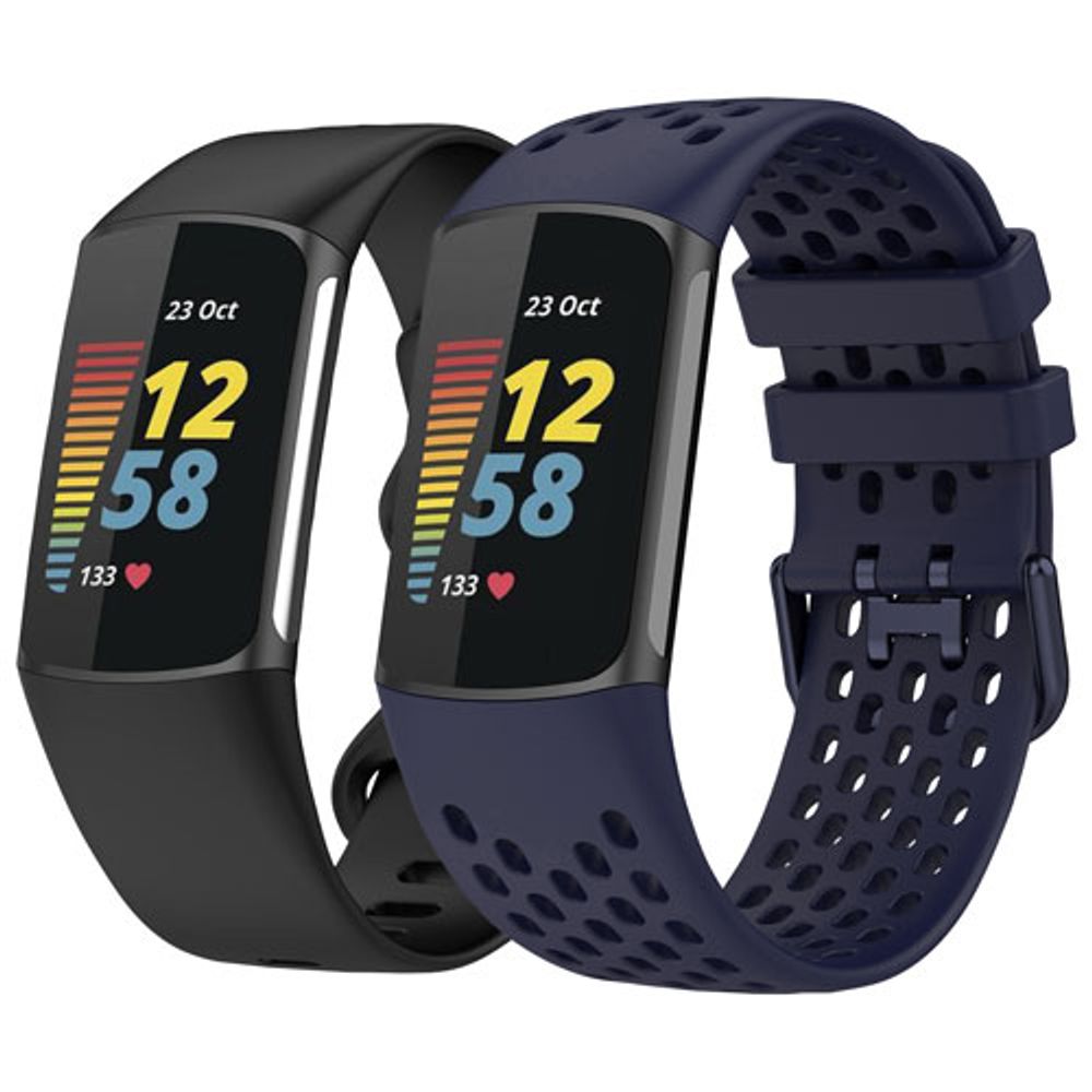 StrapsCo Silicone Strap for Fitbit Charge 5 - Black/Blue - 2 Pack