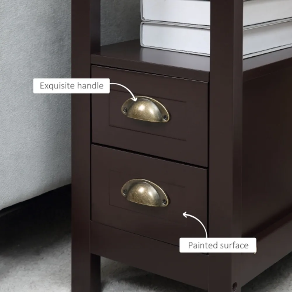 HOMCOM Slim End Table with 2 Drawers and Storage Shelf Sofa Side