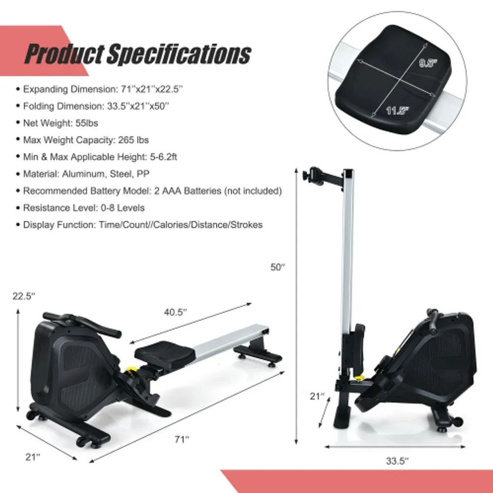 Gymax Folding Magnetic Rowing Machine W Monitor Aluminum Rail 8
