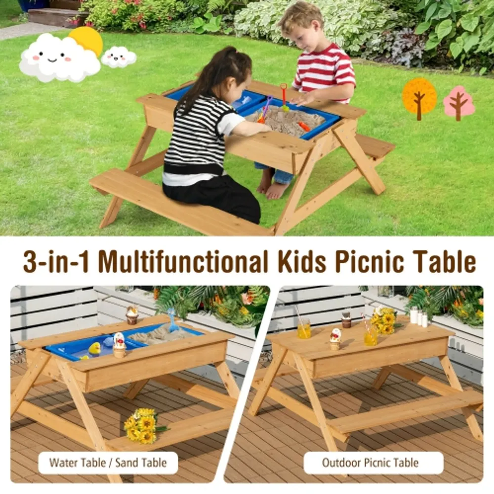 Gymax 3 in 1 Kids Picnic Table Wooden Outdoor Water Sand Table w