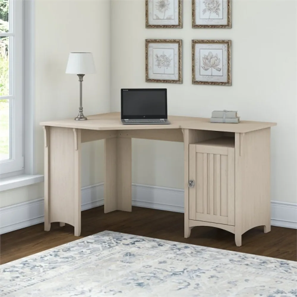 Bush furniture salinas 60w l shaped outlet desk with hutch in antique white