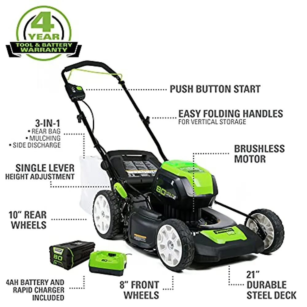 Greenworks PRO 80V 21 Inch Cordless Lawn Mower 4.0 AH Battery and