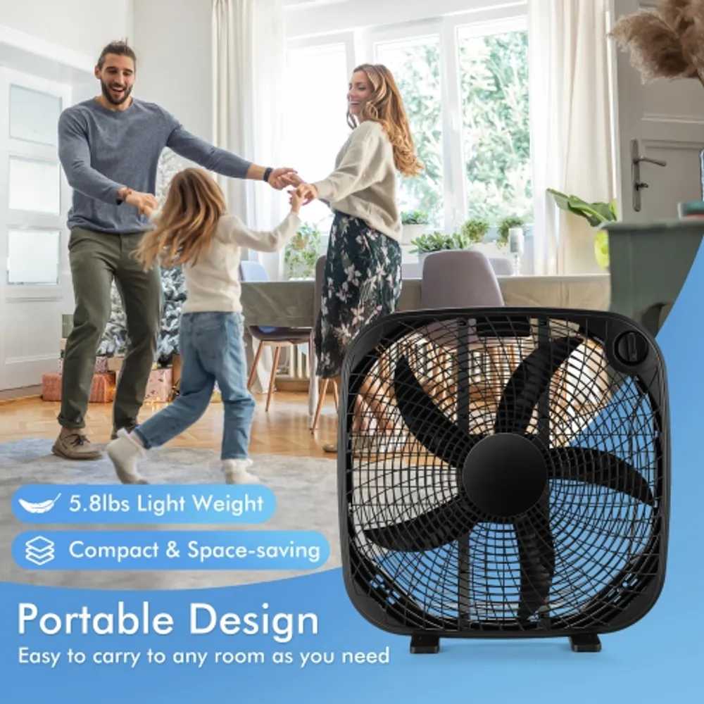 Costway 20" Box Fan Portable Floor Fan Window Fan with 3 Speed Settings