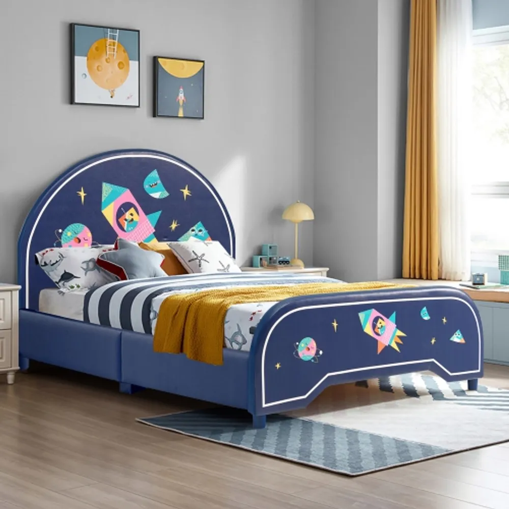 Costway Kids Upholstered Platform Bed Children Twin Size Wooden