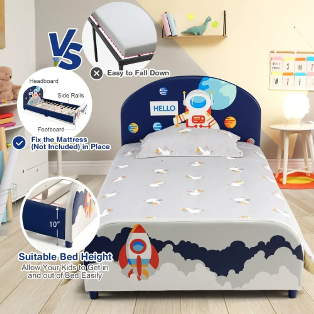 Costway Kids Upholstered Platform Bed Children Twin Size Wooden