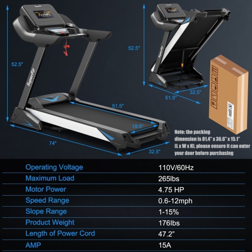 COSTWAY SuperFit 4.75HP Electric Folding Treadmill W/APP Auto Incline Preset Programs Speakers