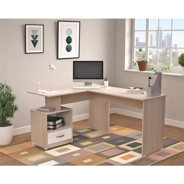 Inval Merlin L Shape Computer Desk with Cubby in Maple and White