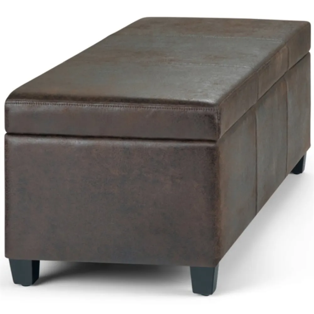 Simpli Home Avalon Faux Leather Storage Ottoman Bench in Brown